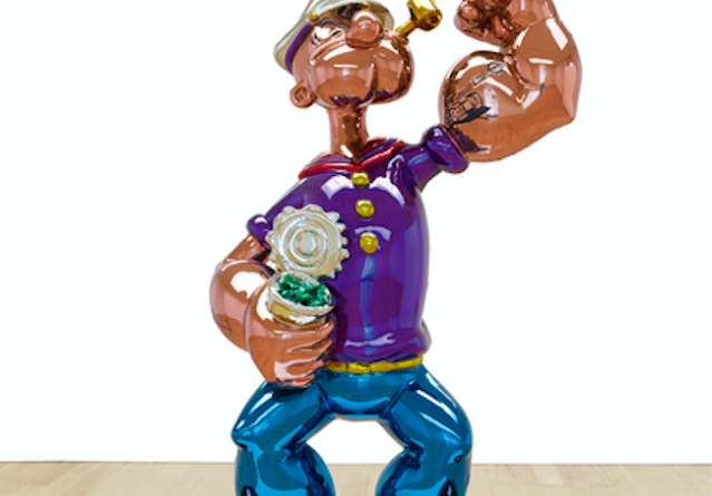 Jeff Koons Popeye sculpture celebrating kitsch aesthetics and pop culture