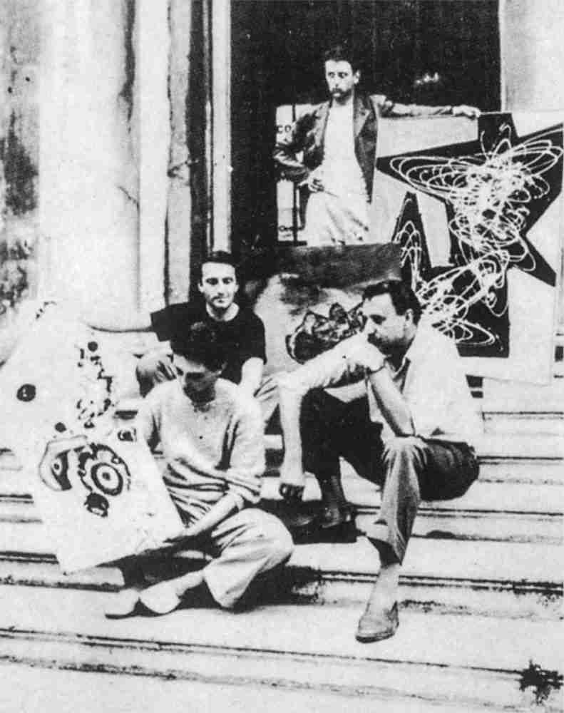 Gianni Dova with Roberto Crippa, Tancredi Parmeggiani and Carlo Cardazzo, 1952. Courtesy Gianni Dova Archive.